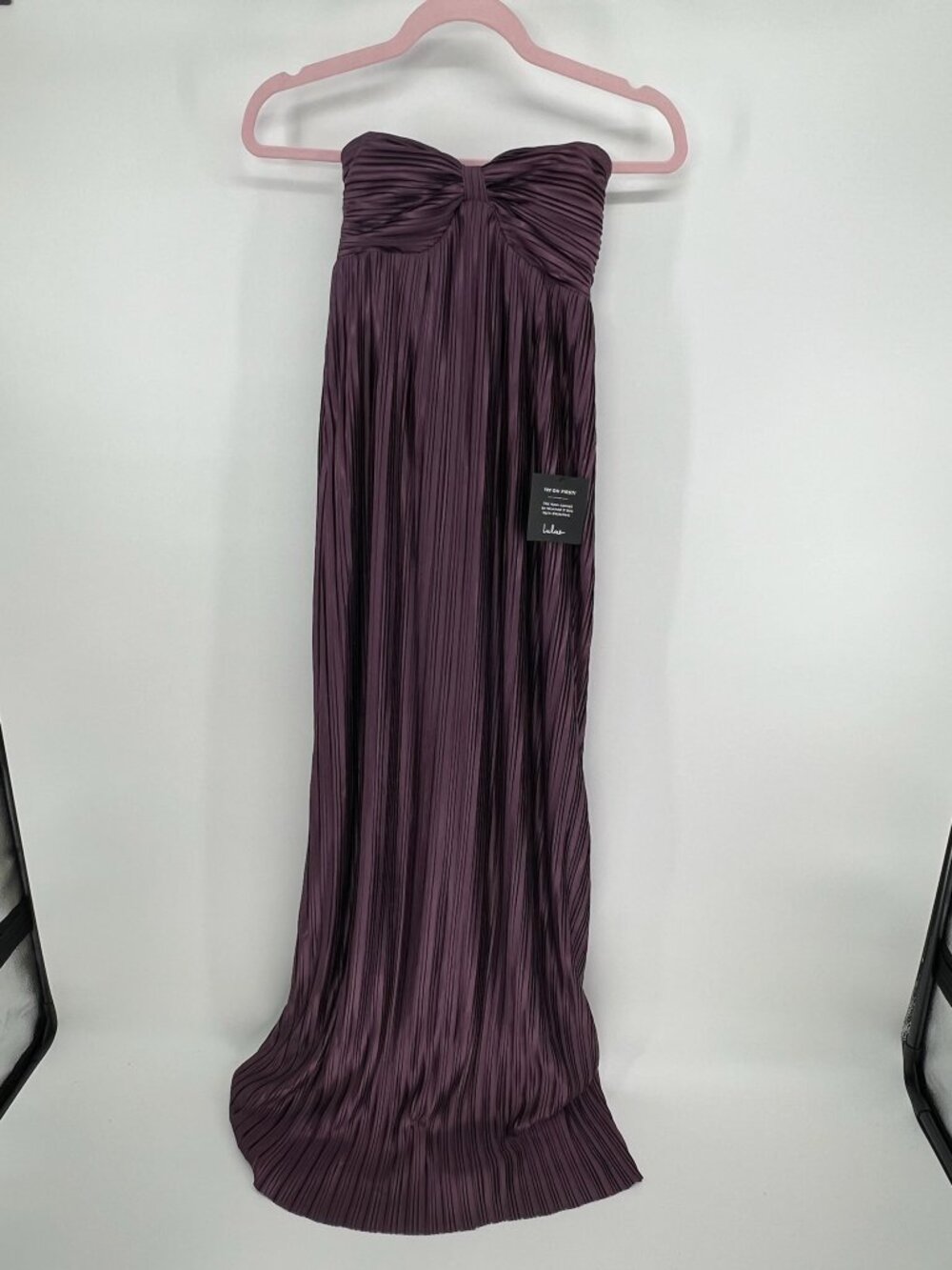Lulus Whimsical Beauty Dark Purple Satin Plissé Strapless Maxi Dress – XS NWT